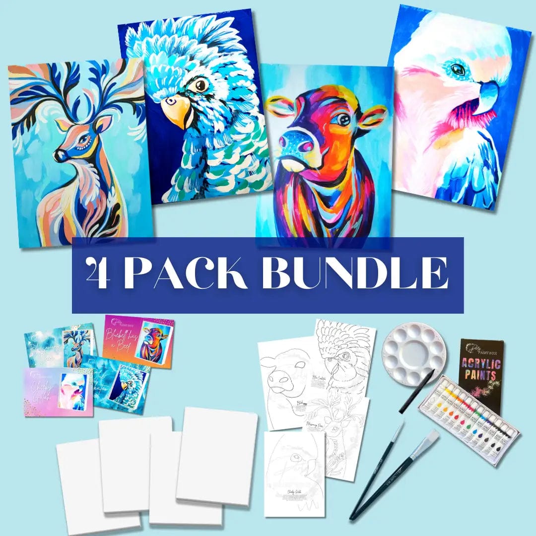'Blossoming Deer, Blue Cockatoo, Bluebell Has a Beef & Cheeky Galah' Multi Painting Pack