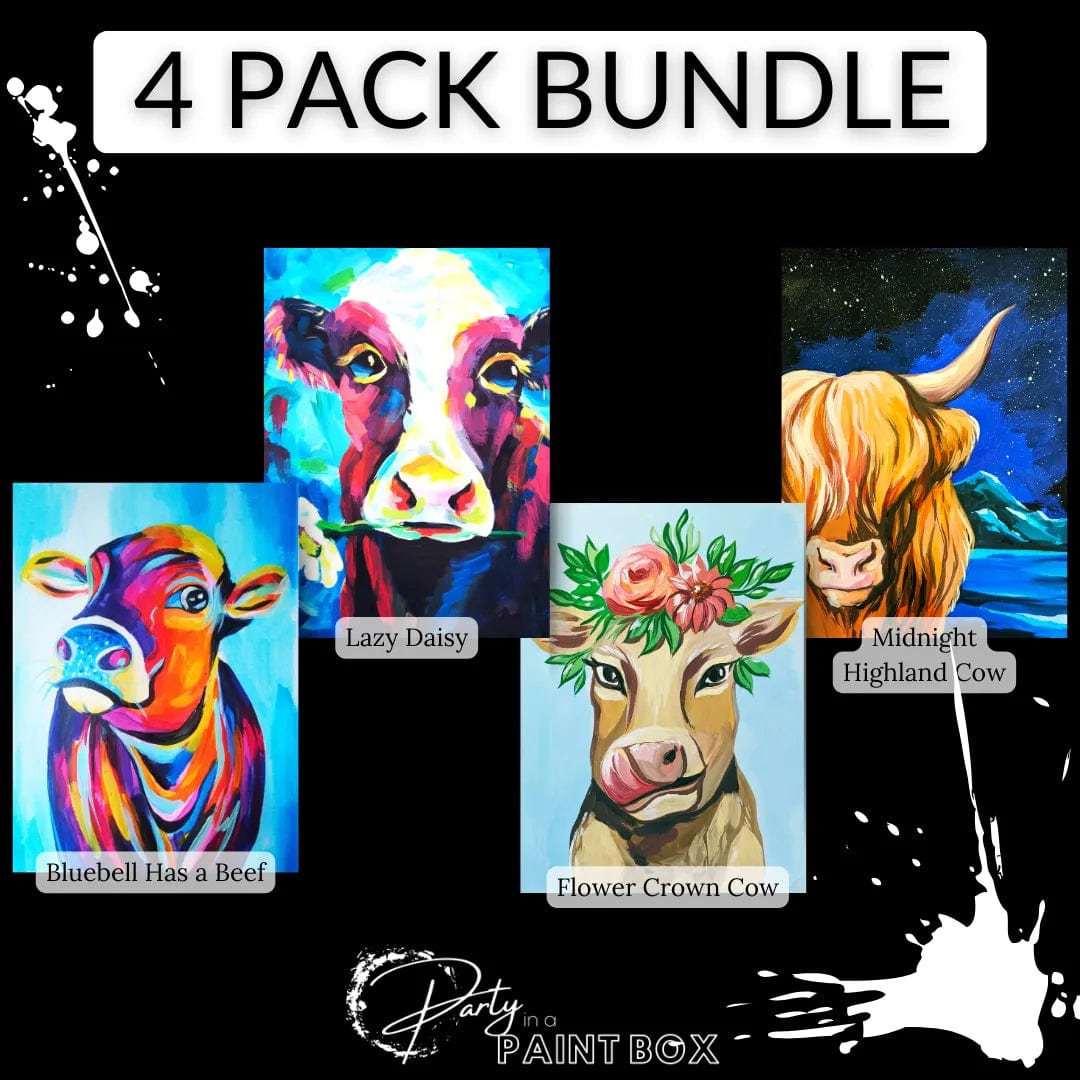 'Bluebell Has a Beef, Lazy Daisy, Flower Crown Cow & Midnight Highland Cow' Multi Painting Pack